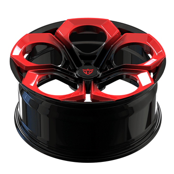 Custom forged monoblock wheel in red and black finish, suitable for Audi RS5, featuring a super concave design.